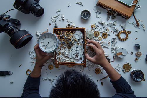 A Photographer dismantling a clock for knolling